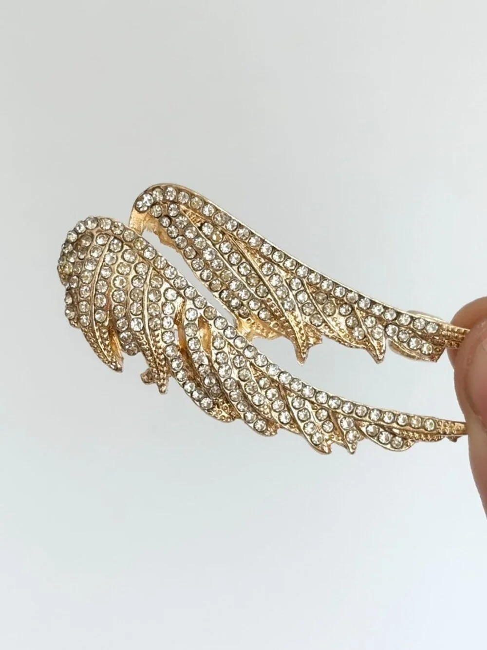 Double Angel Wing Gold Toned Rhinestone Textured Vintage Inspried Brooch Pin